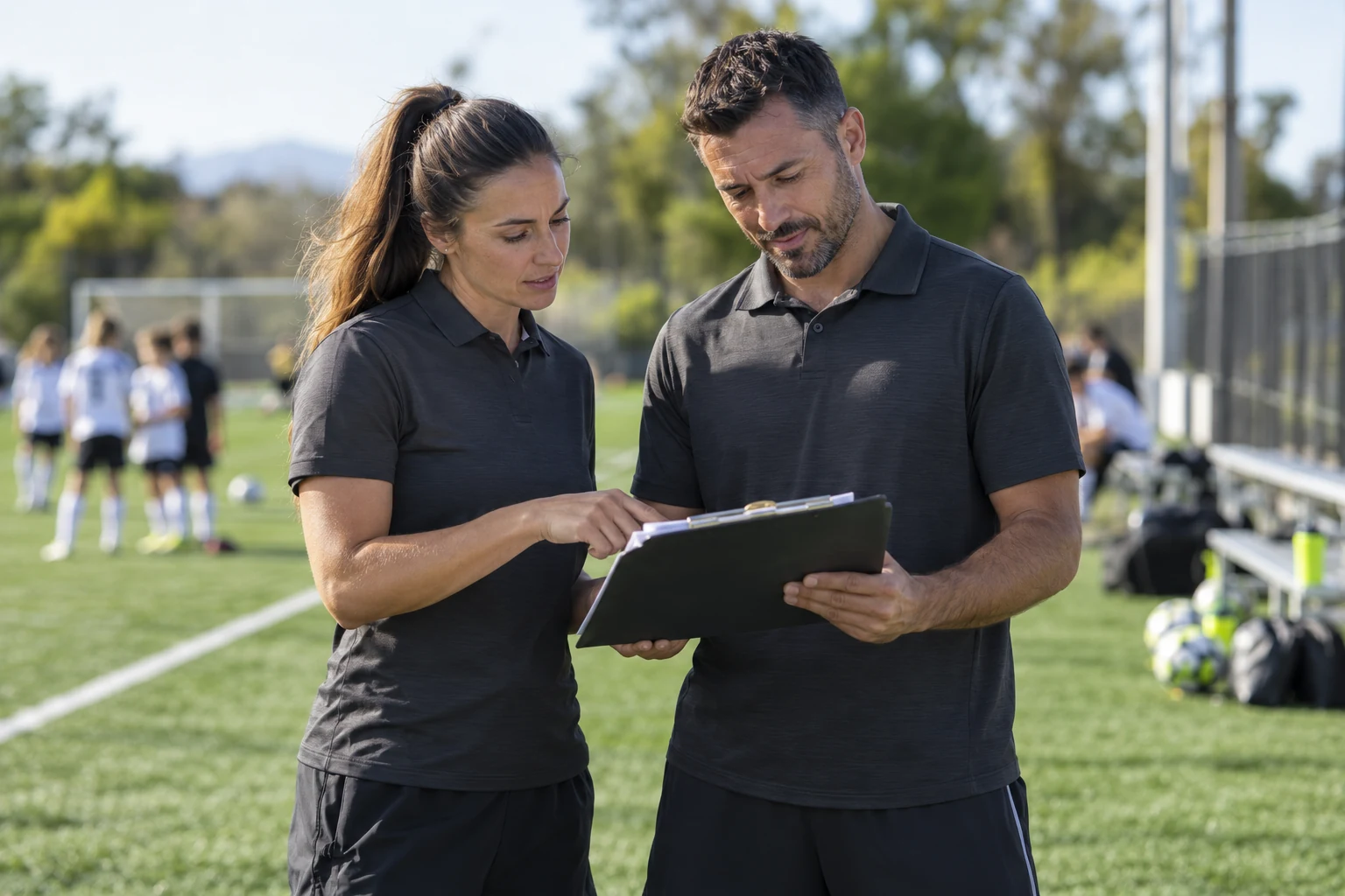 Club coordinators collaborating beside a soccer field