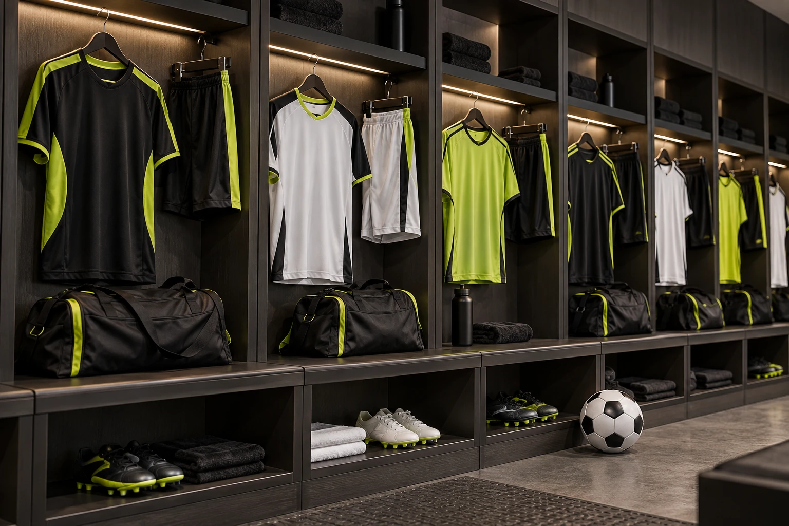 Coordinated soccer kits in a locker room